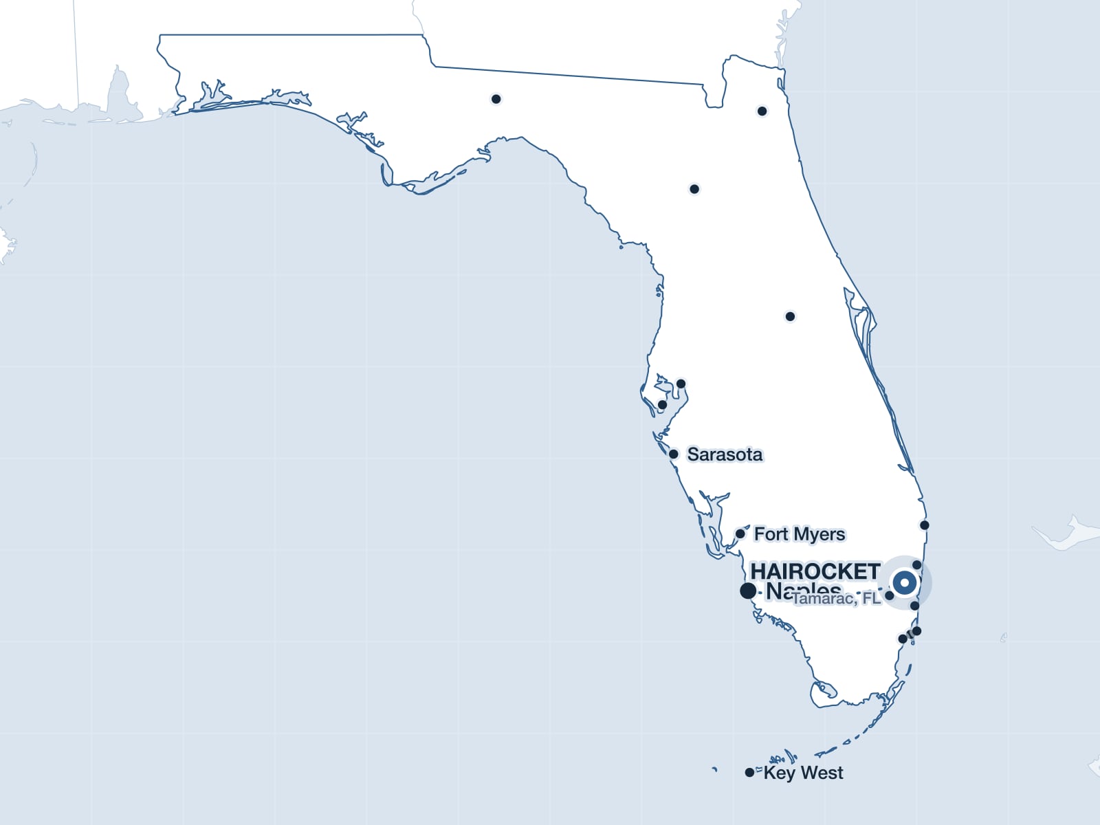Map of Southwest Florida showing Naples and the HAIROCKET clinic in Tamarac