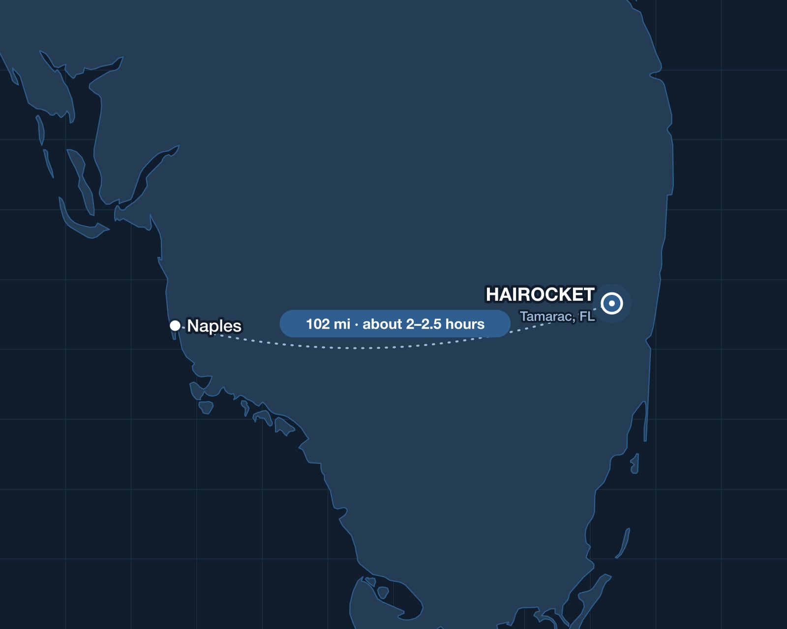 Route from Naples to HAIROCKET in Tamarac