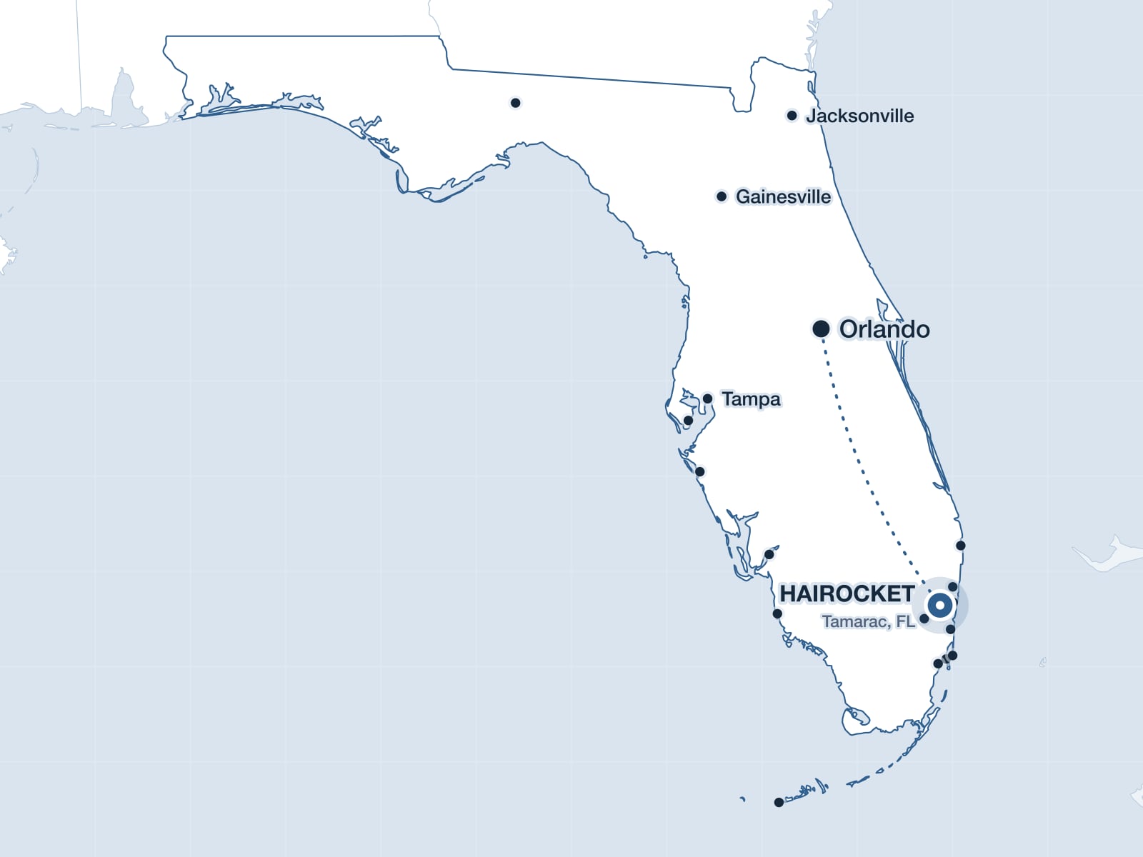Map of Central Florida showing Orlando and the HAIROCKET clinic in Tamarac