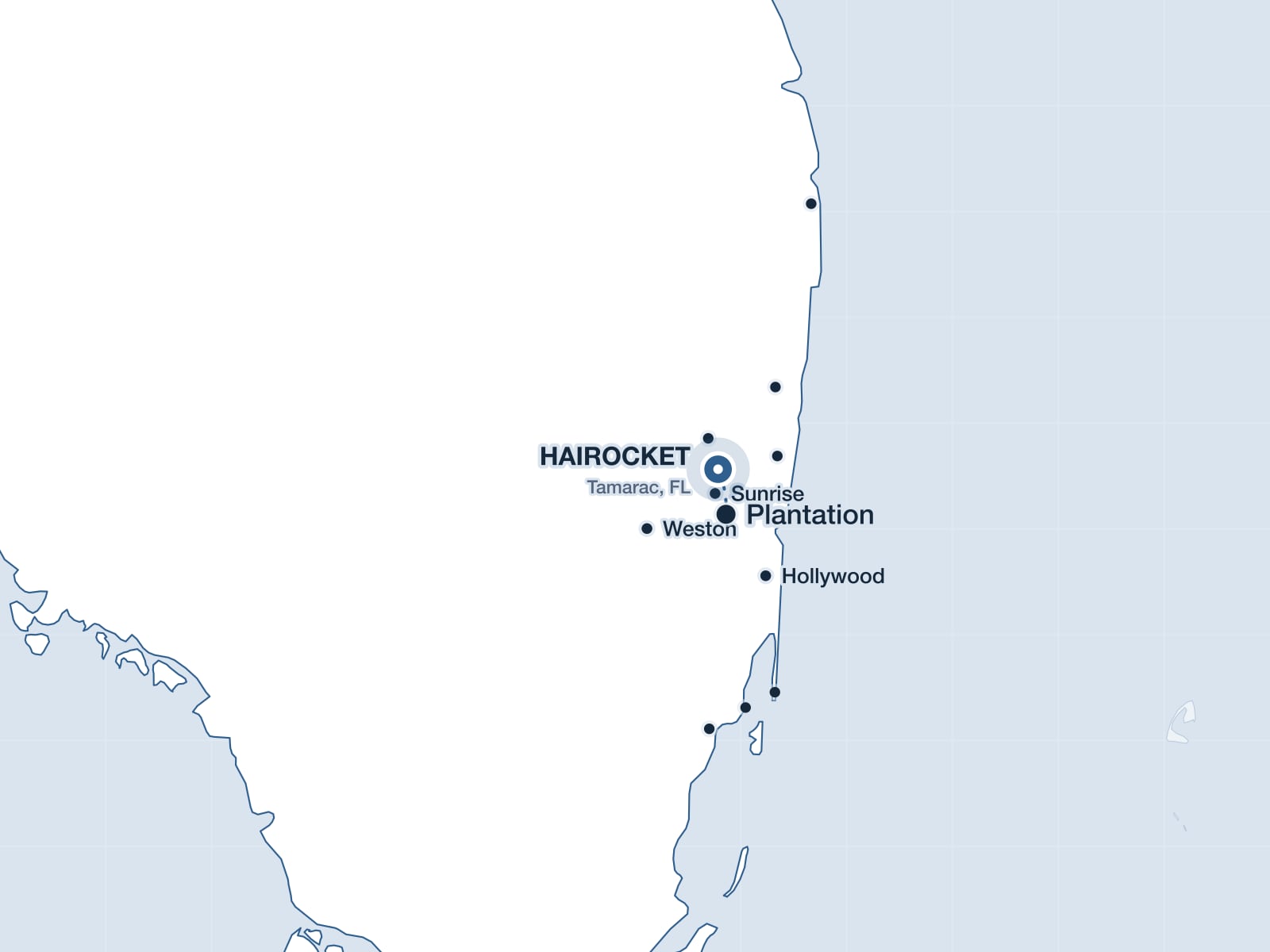 Map of South Florida showing Plantation and the HAIROCKET clinic in Tamarac