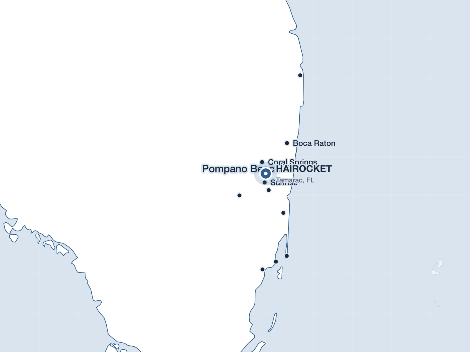 Map of South Florida showing Pompano Beach and the HAIROCKET clinic in Tamarac