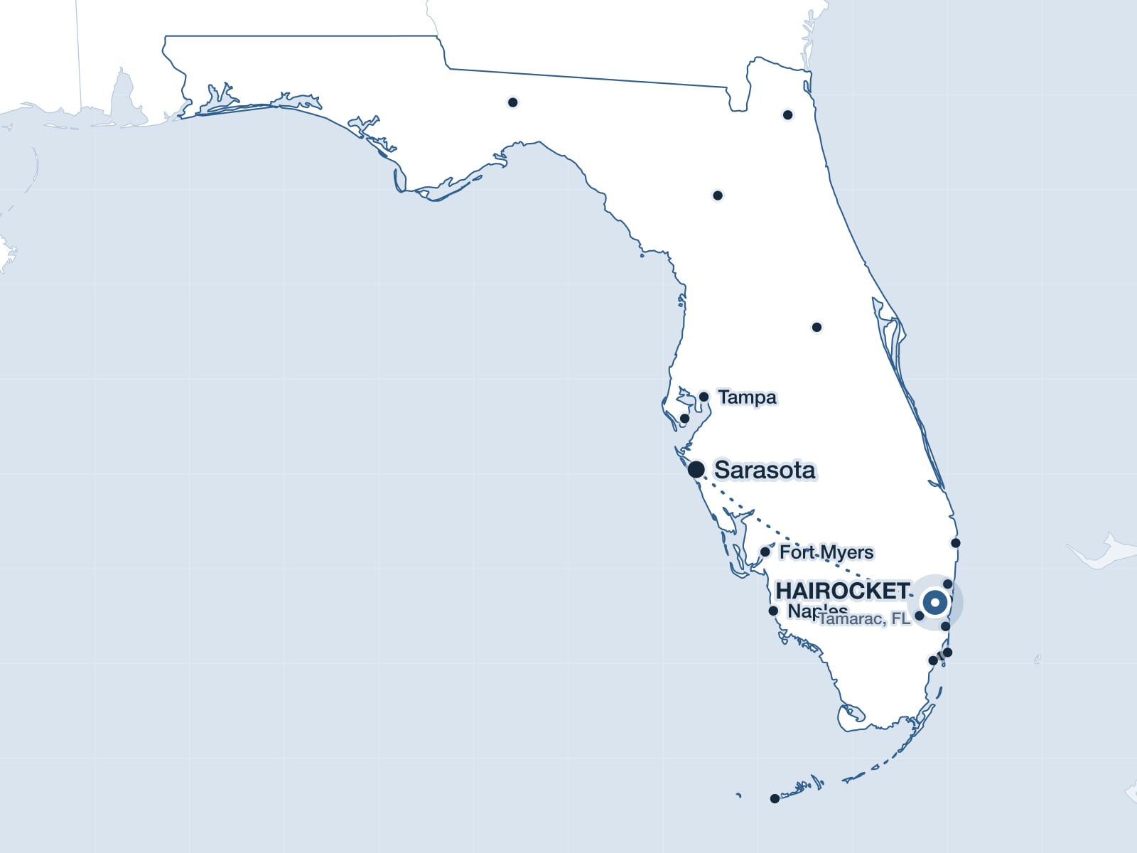 Map of Southwest Florida showing Sarasota and the HAIROCKET clinic in Tamarac