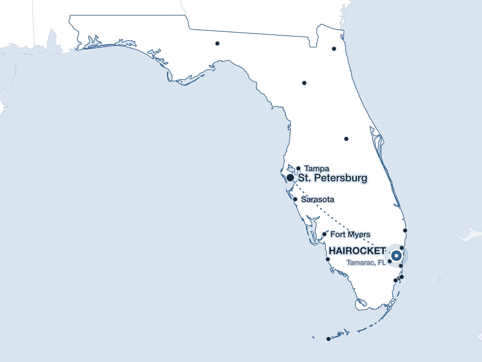 Map of Central Florida showing St. Petersburg and the HAIROCKET clinic in Tamarac