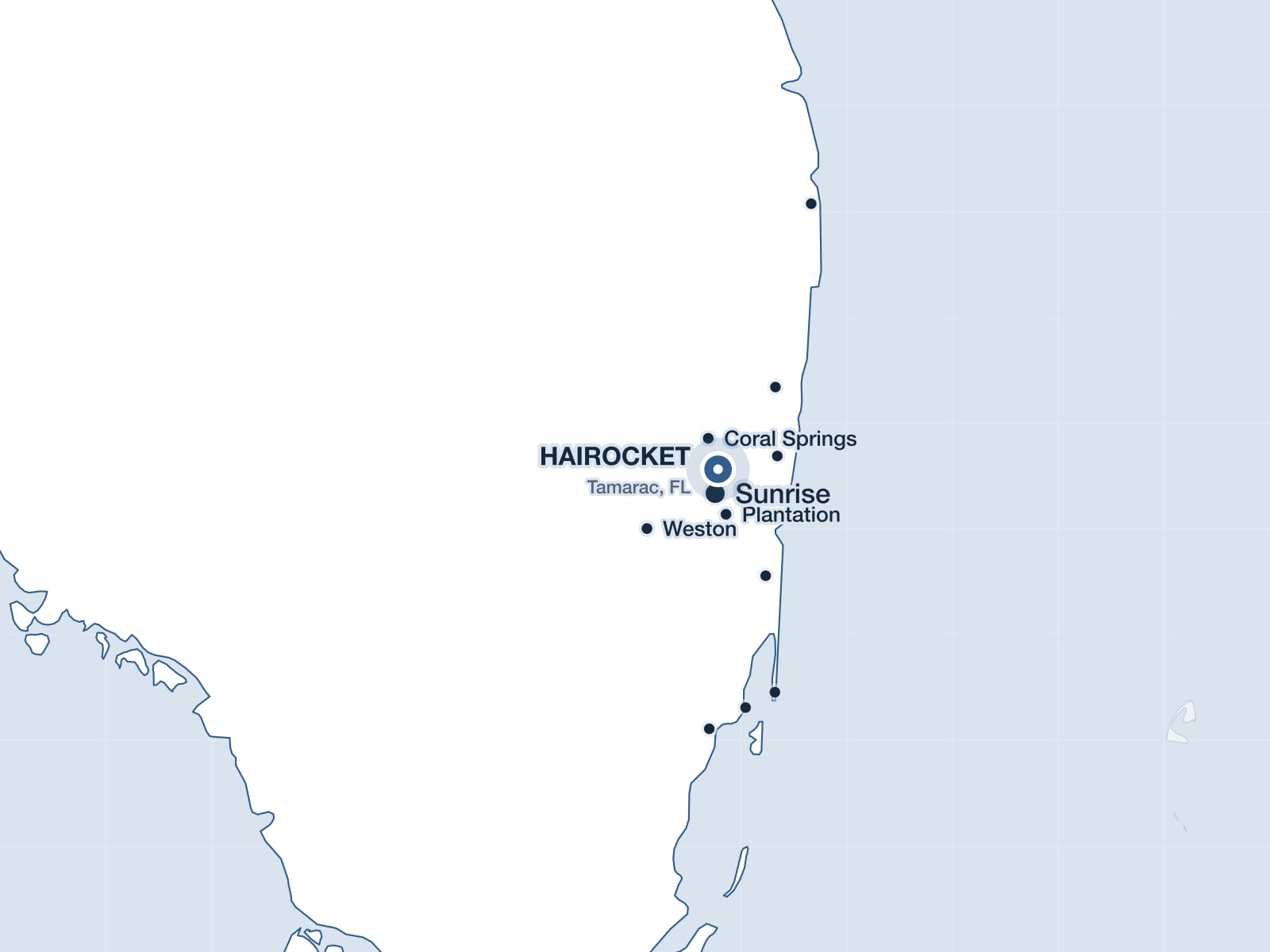 Map of South Florida showing Sunrise and the HAIROCKET clinic in Tamarac