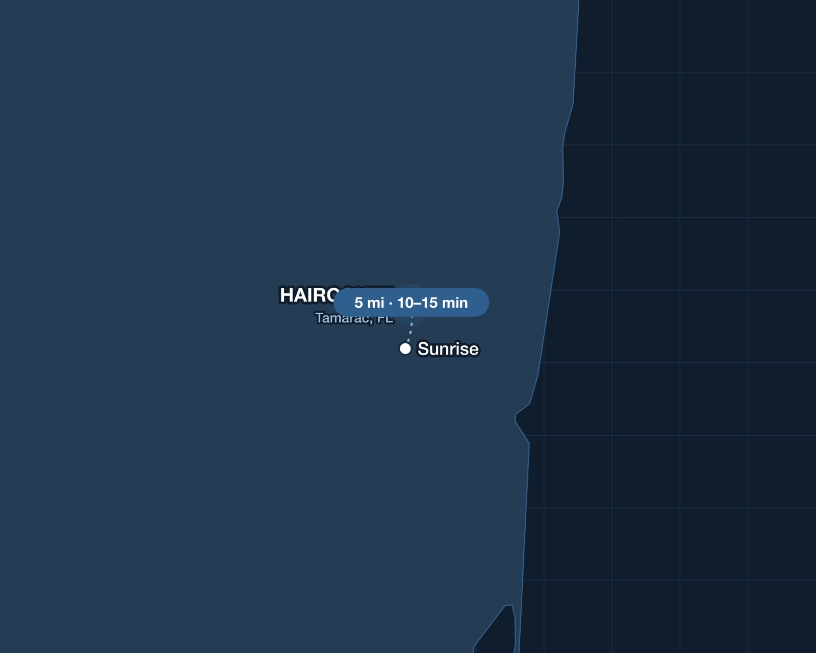 Route from Sunrise to HAIROCKET in Tamarac