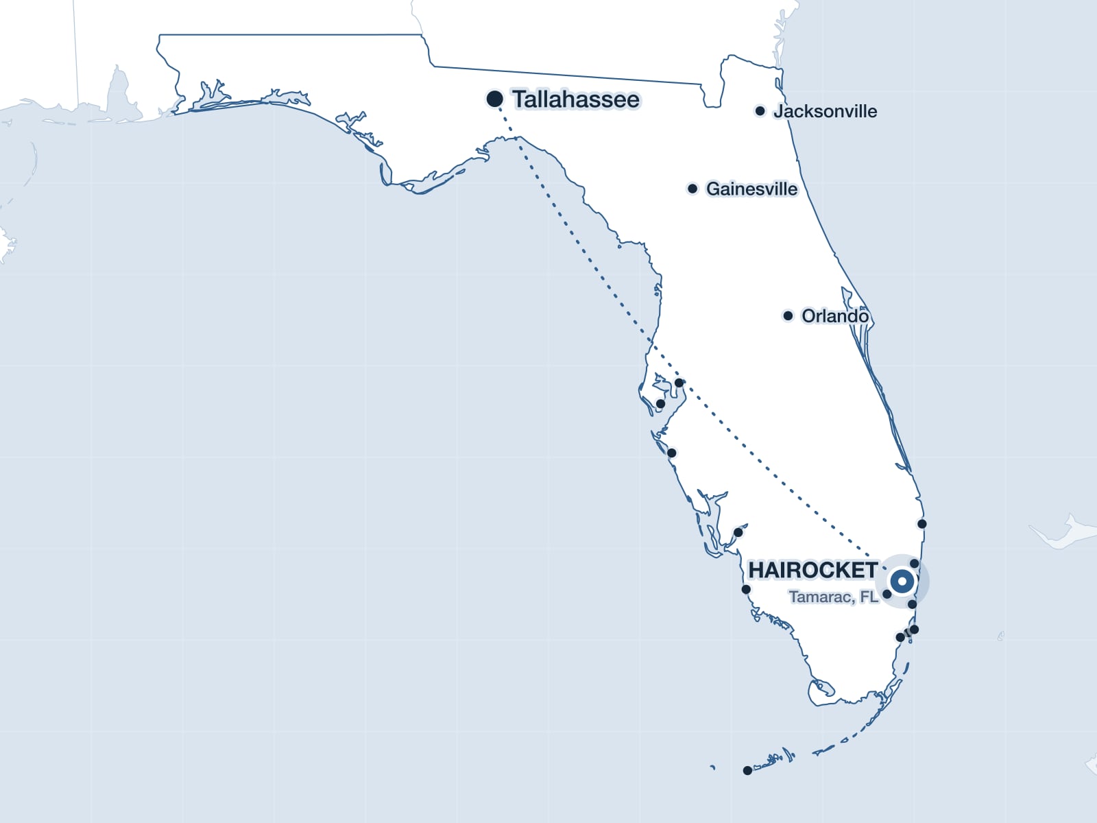 Map of North Florida showing Tallahassee and the HAIROCKET clinic in Tamarac