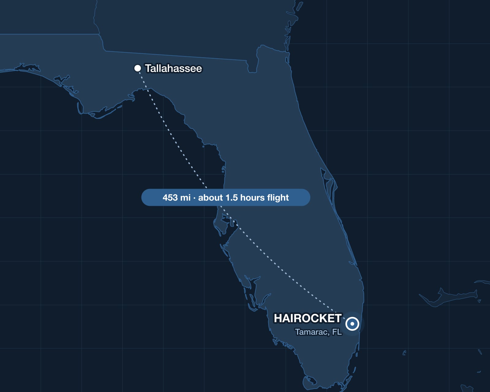 Route from Tallahassee to HAIROCKET in Tamarac