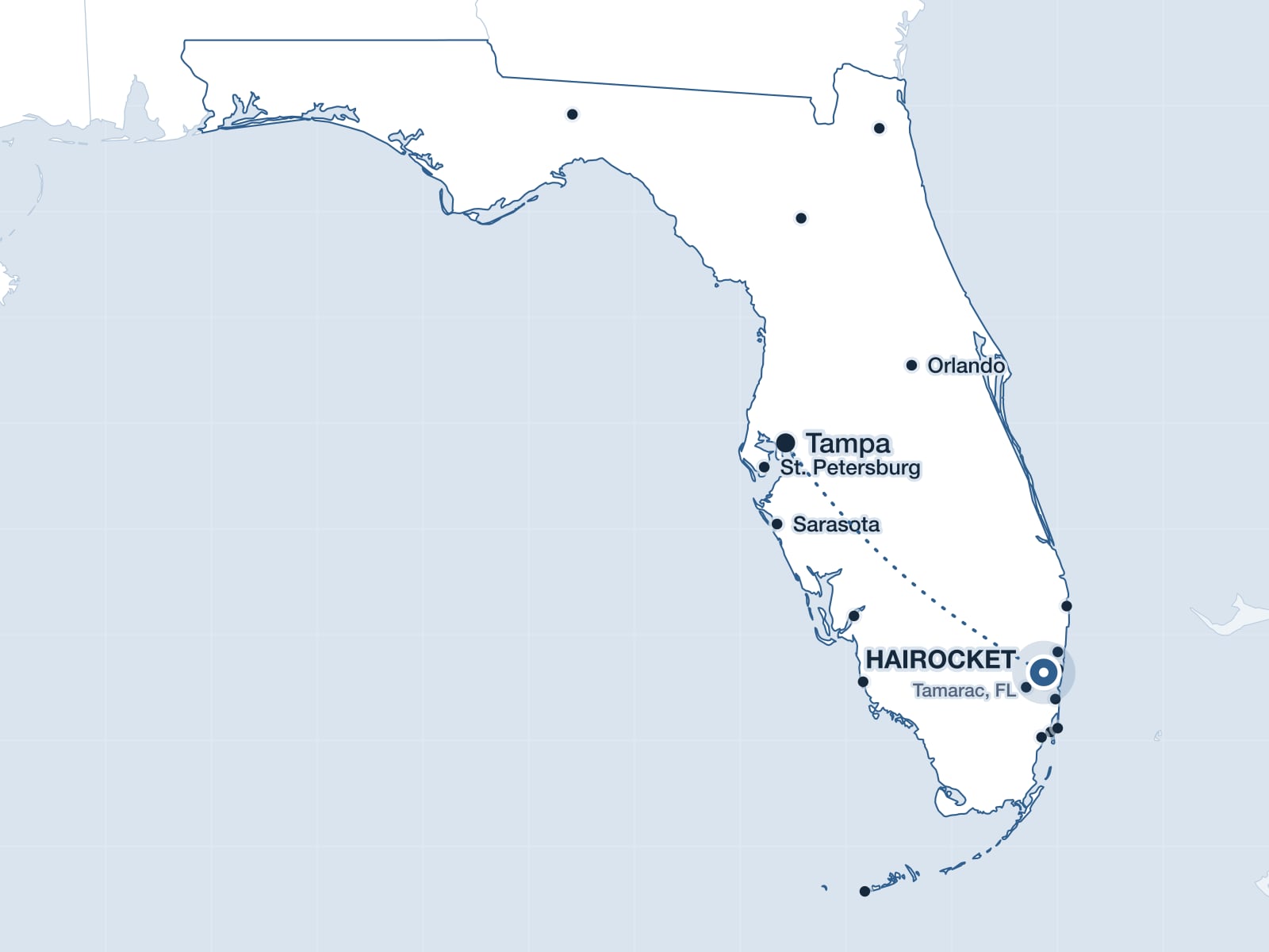 Map of Central Florida showing Tampa and the HAIROCKET clinic in Tamarac