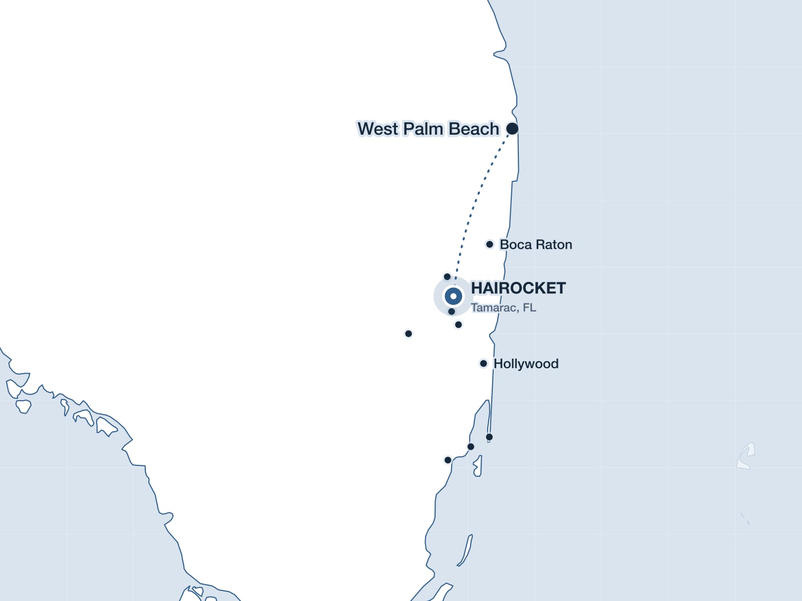 Map of South Florida showing West Palm Beach and the HAIROCKET clinic in Tamarac