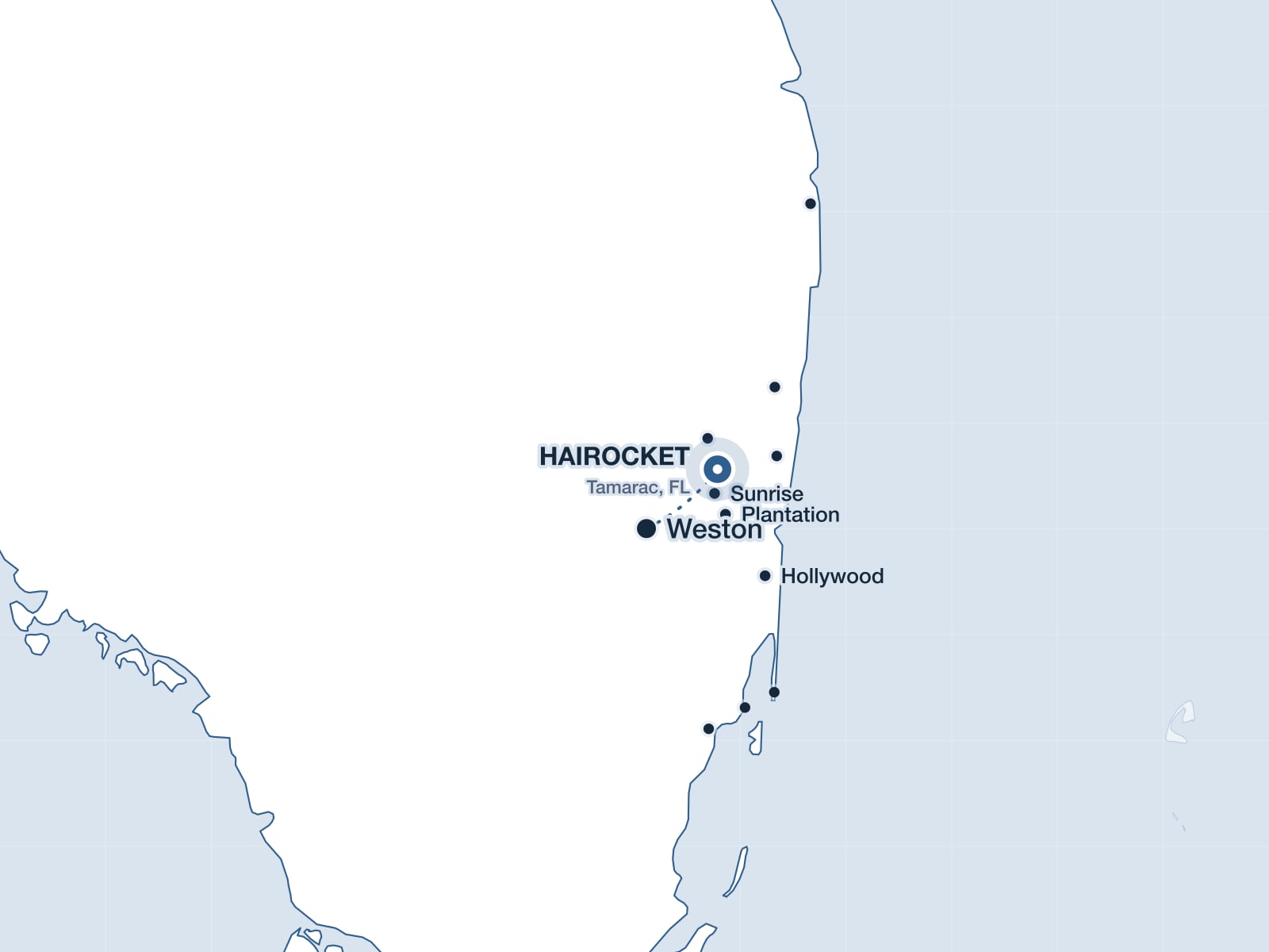 Map of South Florida showing Weston and the HAIROCKET clinic in Tamarac