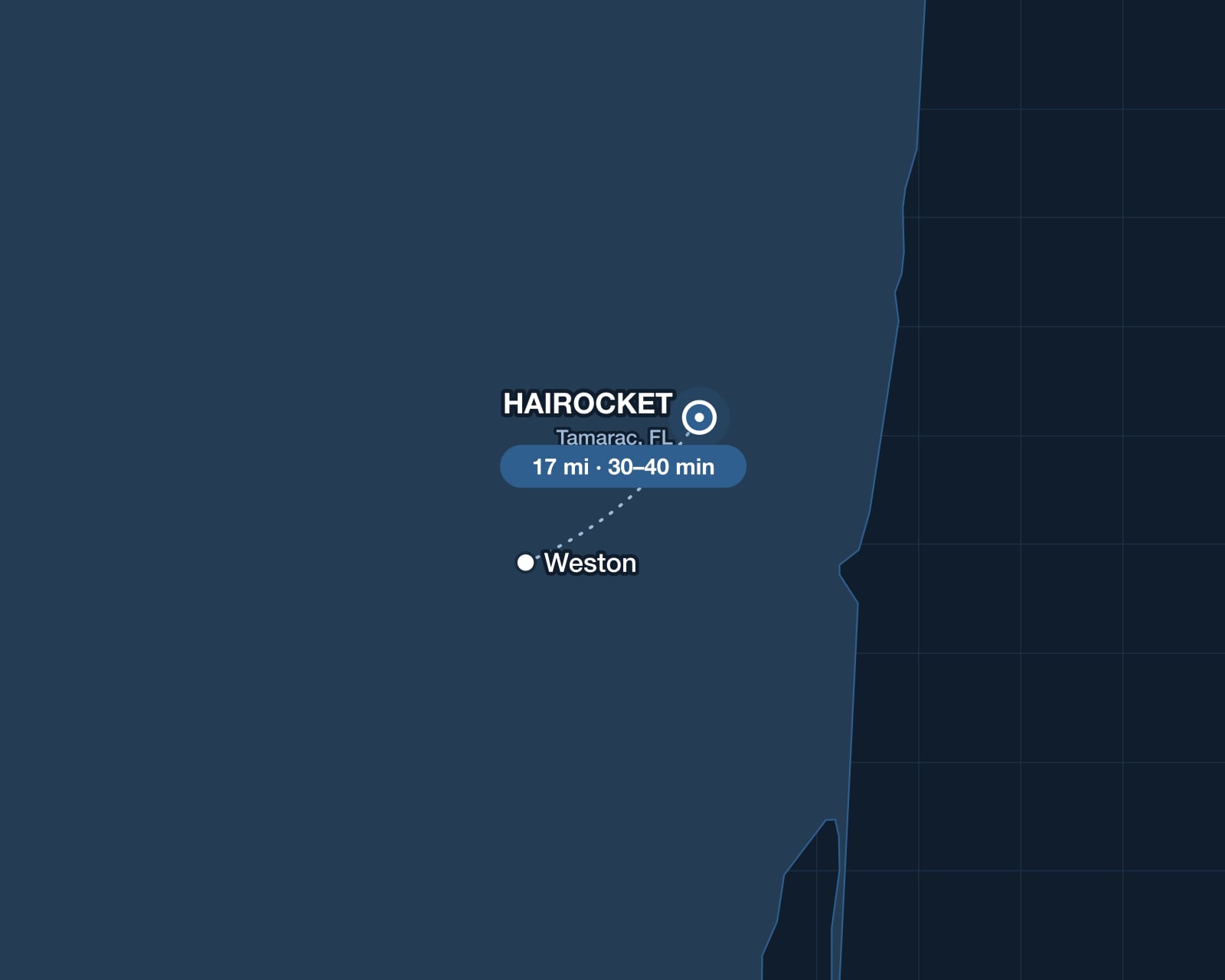 Route from Weston to HAIROCKET in Tamarac