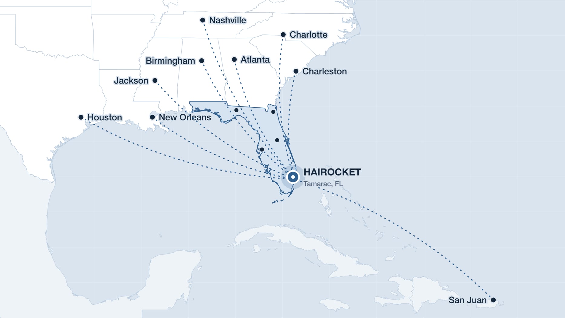 Drive and flight times to HAIROCKET from across Florida and the Southeast