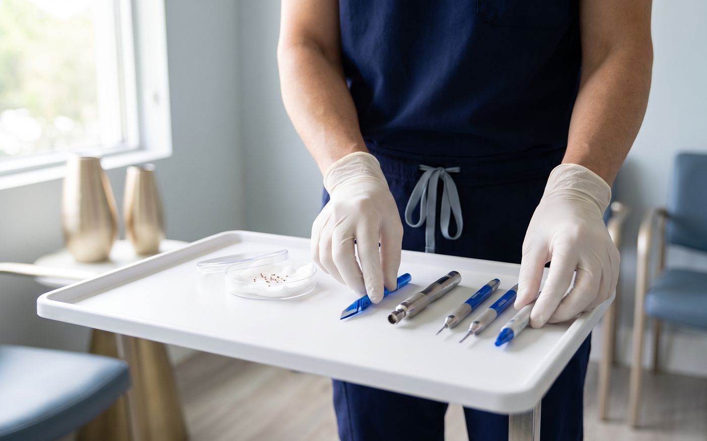 Sapphire FUE and DHI tools with follicular grafts on a sterile tray
