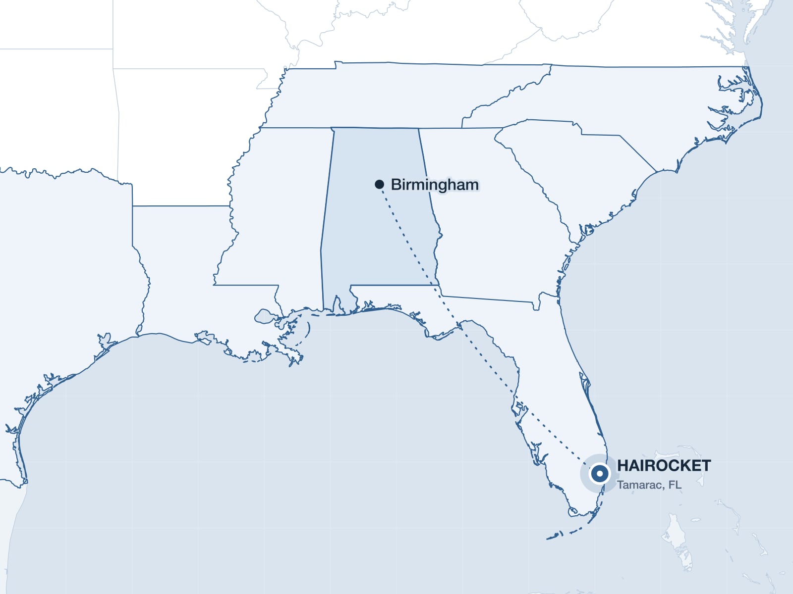 Map of the Southeast highlighting Alabama and the HAIROCKET clinic in Tamarac, Florida