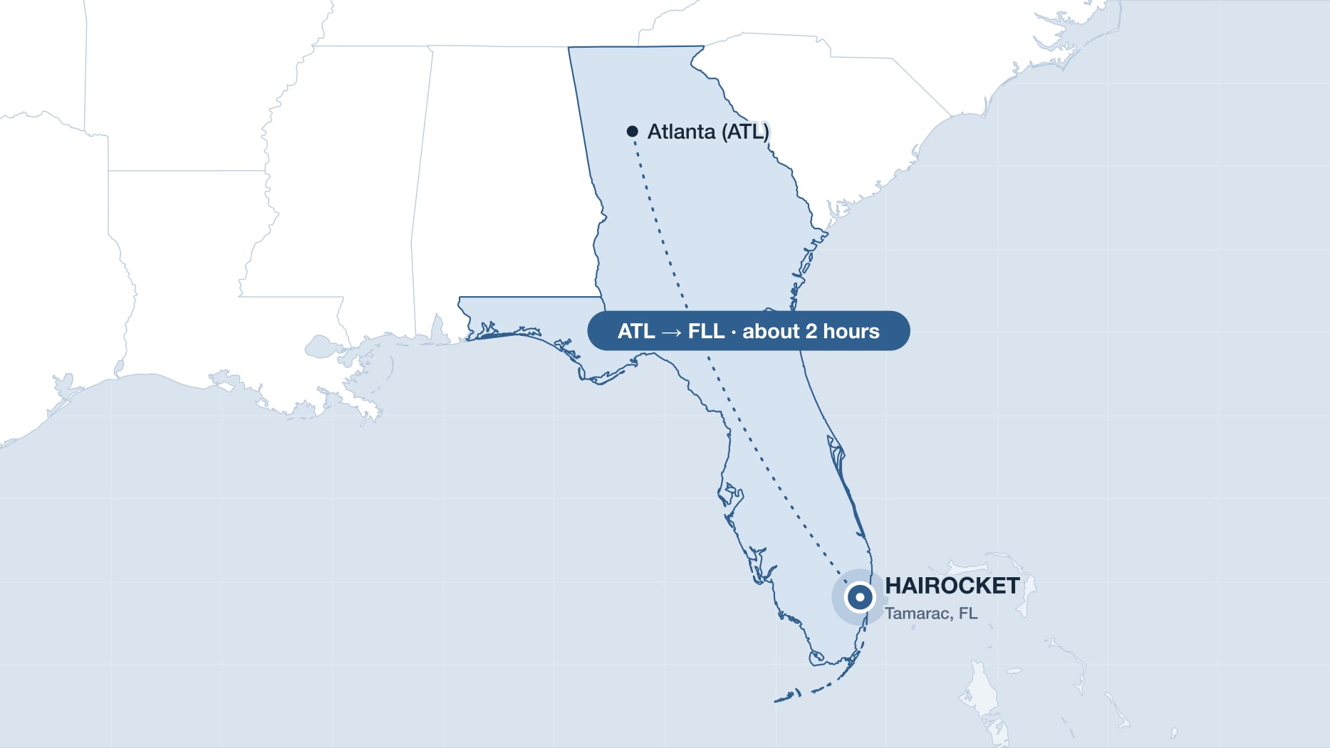 Flight route from Atlanta to Fort Lauderdale, near the HAIROCKET clinic in Tamarac