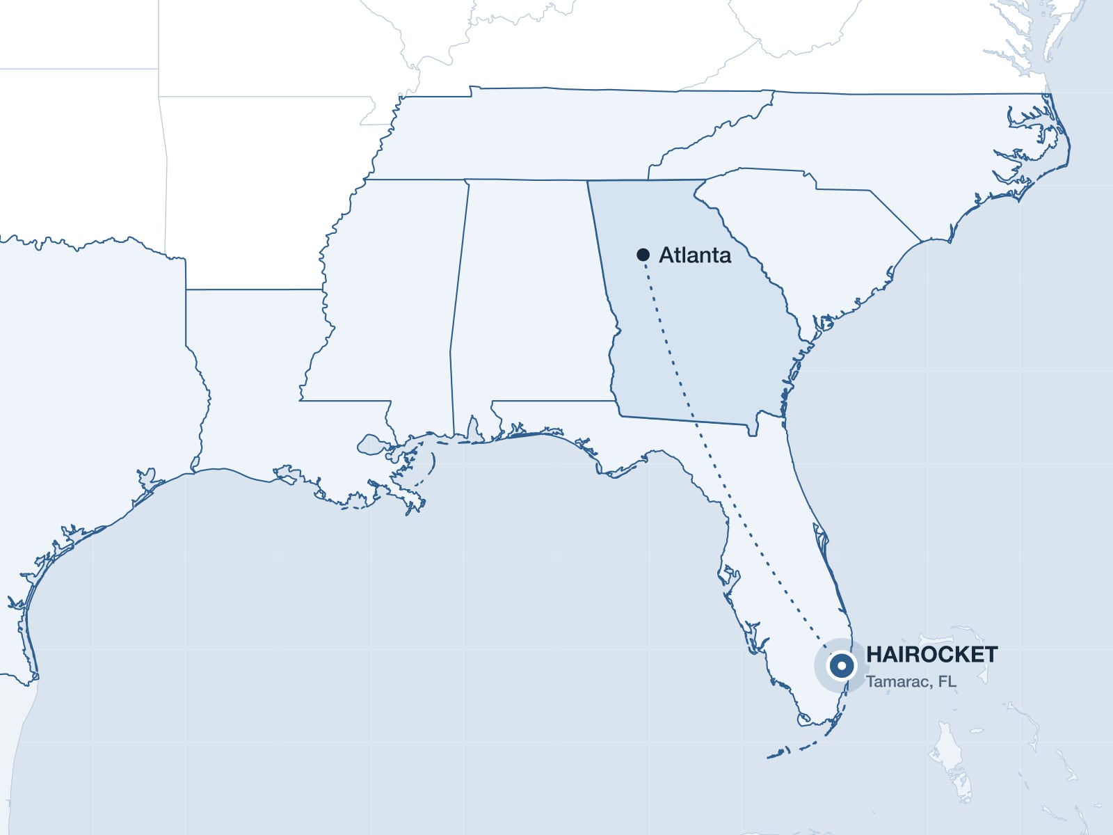 Map of the Southeast highlighting Georgia and the HAIROCKET clinic in Tamarac, Florida