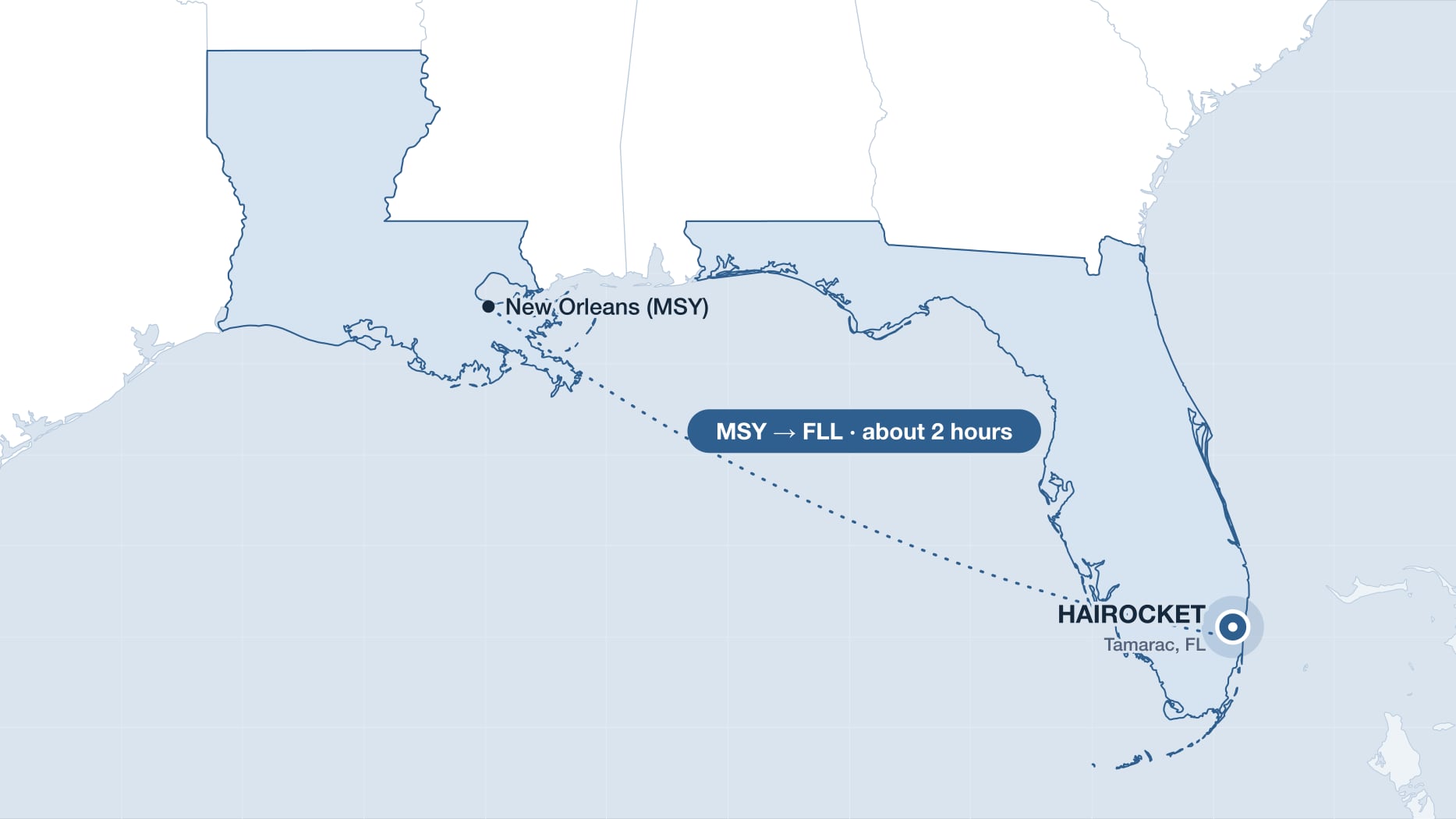 Flight route from New Orleans to Fort Lauderdale, near the HAIROCKET clinic in Tamarac