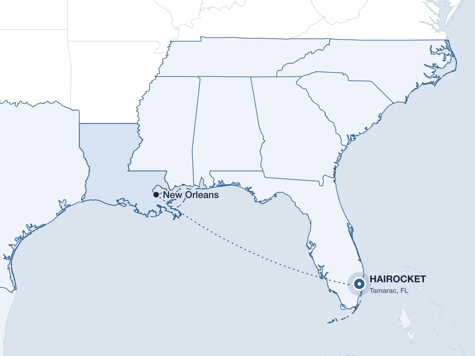 Map of the Southeast highlighting Louisiana and the HAIROCKET clinic in Tamarac, Florida