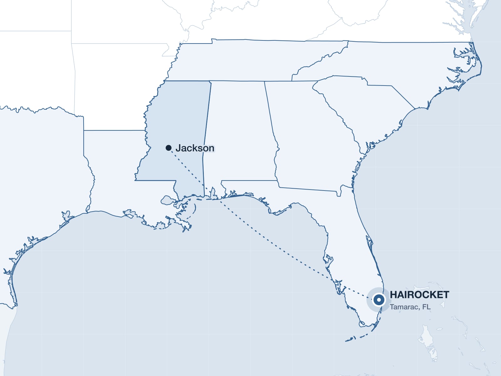 Map of the Southeast highlighting Mississippi and the HAIROCKET clinic in Tamarac, Florida