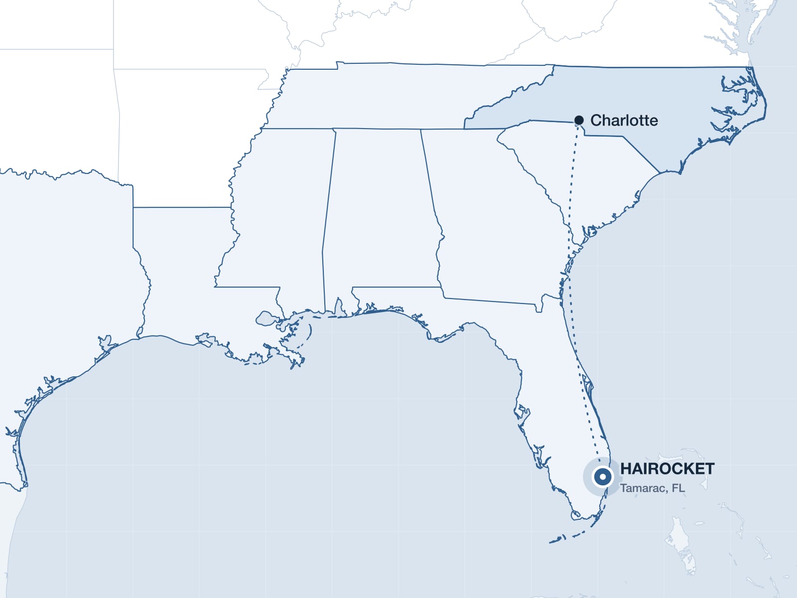 Map of the Southeast highlighting North Carolina and the HAIROCKET clinic in Tamarac, Florida