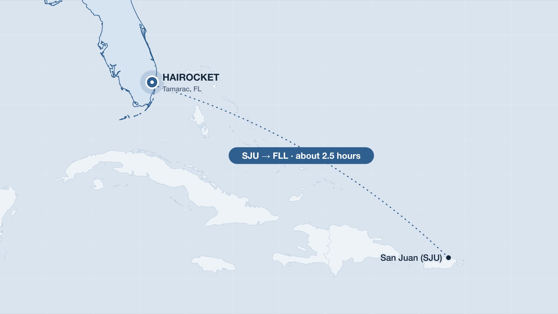 Flight route from San Juan to Fort Lauderdale, near the HAIROCKET clinic in Tamarac