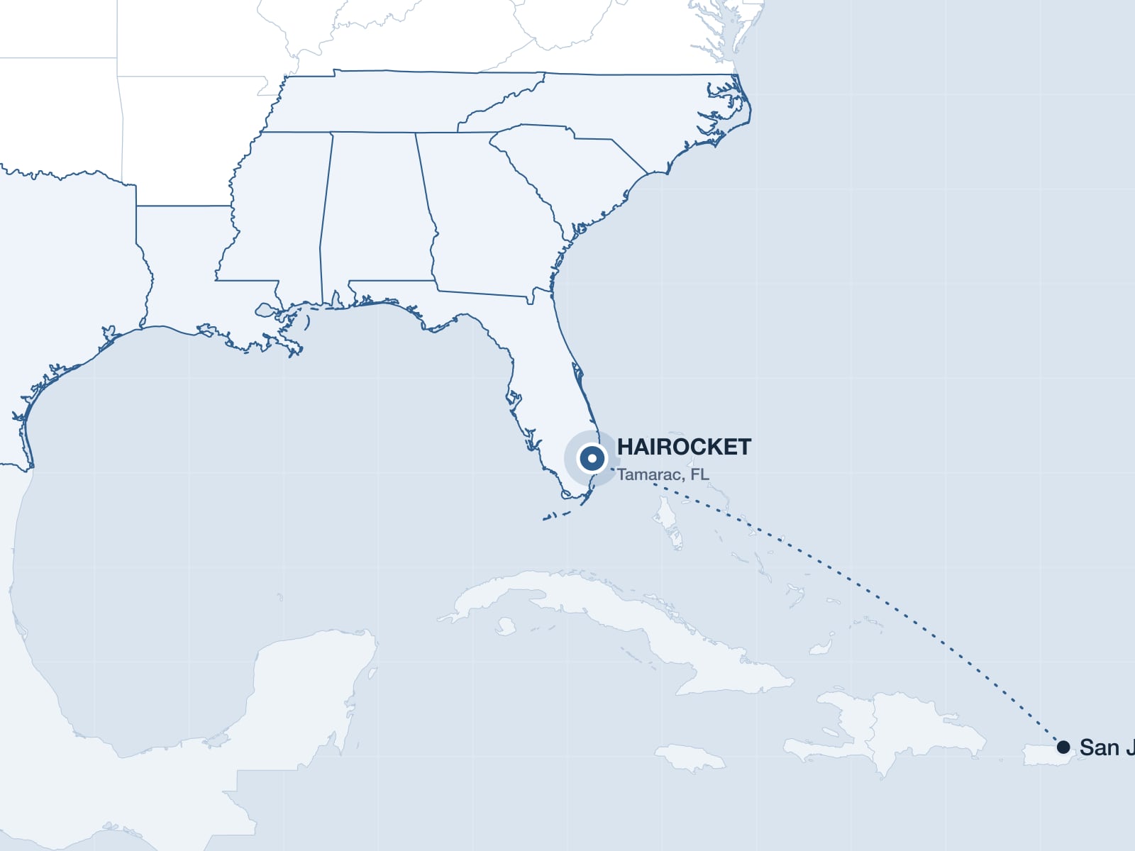 Map of the Southeast highlighting Puerto Rico and the HAIROCKET clinic in Tamarac, Florida