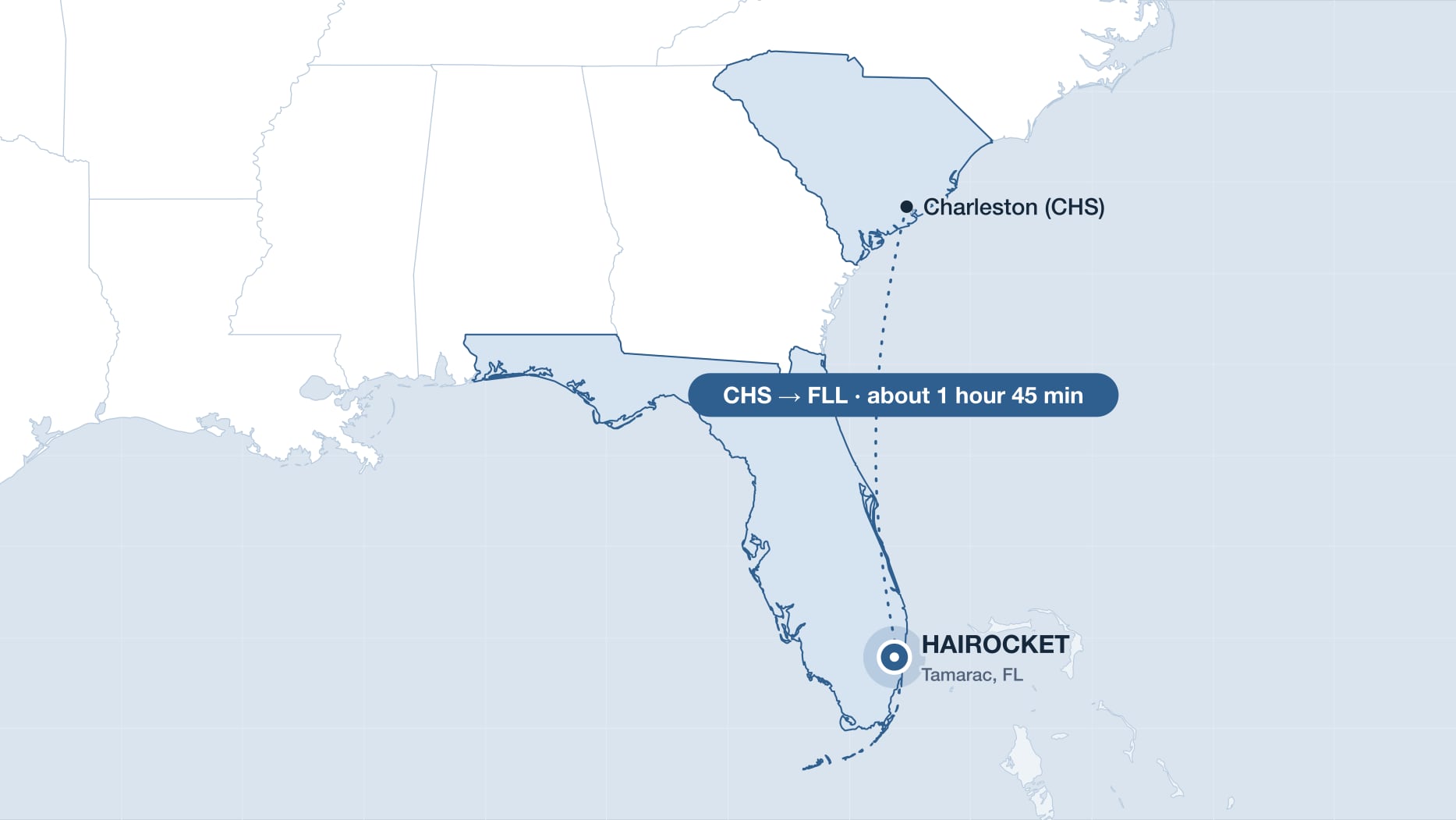 Flight route from Charleston to Fort Lauderdale, near the HAIROCKET clinic in Tamarac