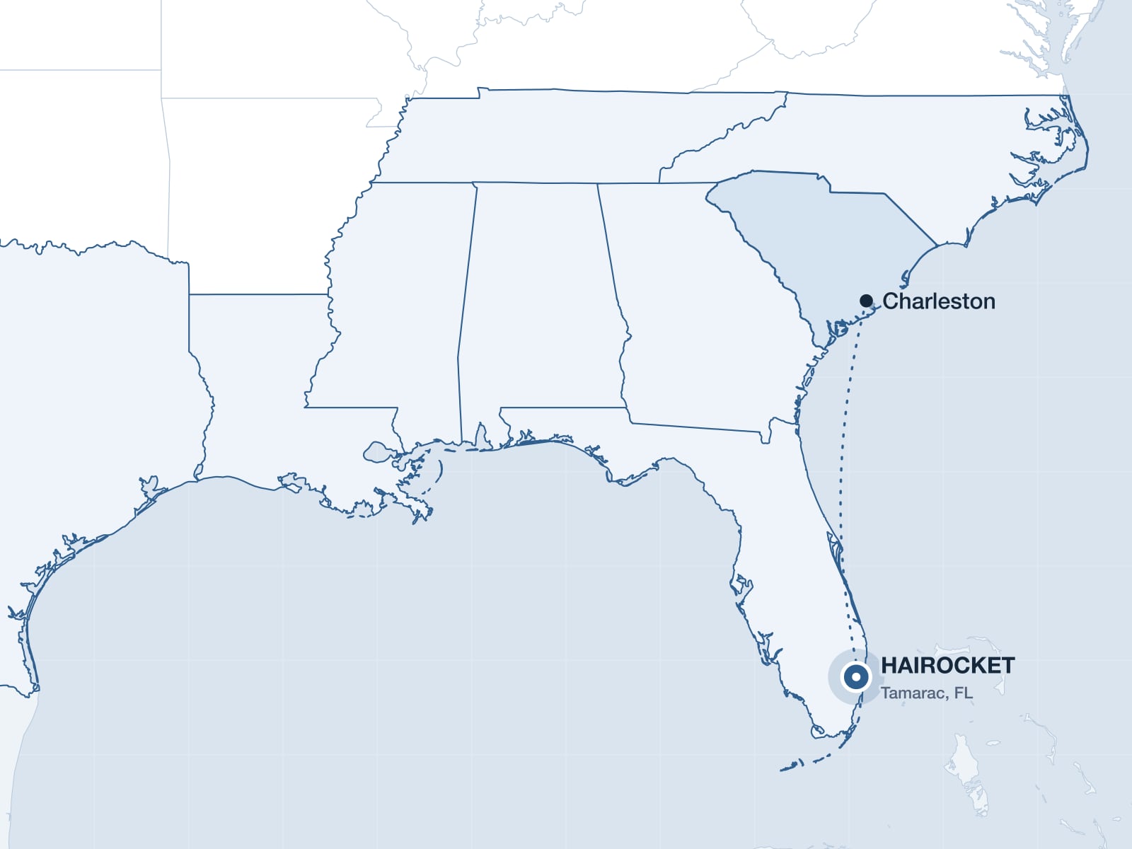 Map of the Southeast highlighting South Carolina and the HAIROCKET clinic in Tamarac, Florida