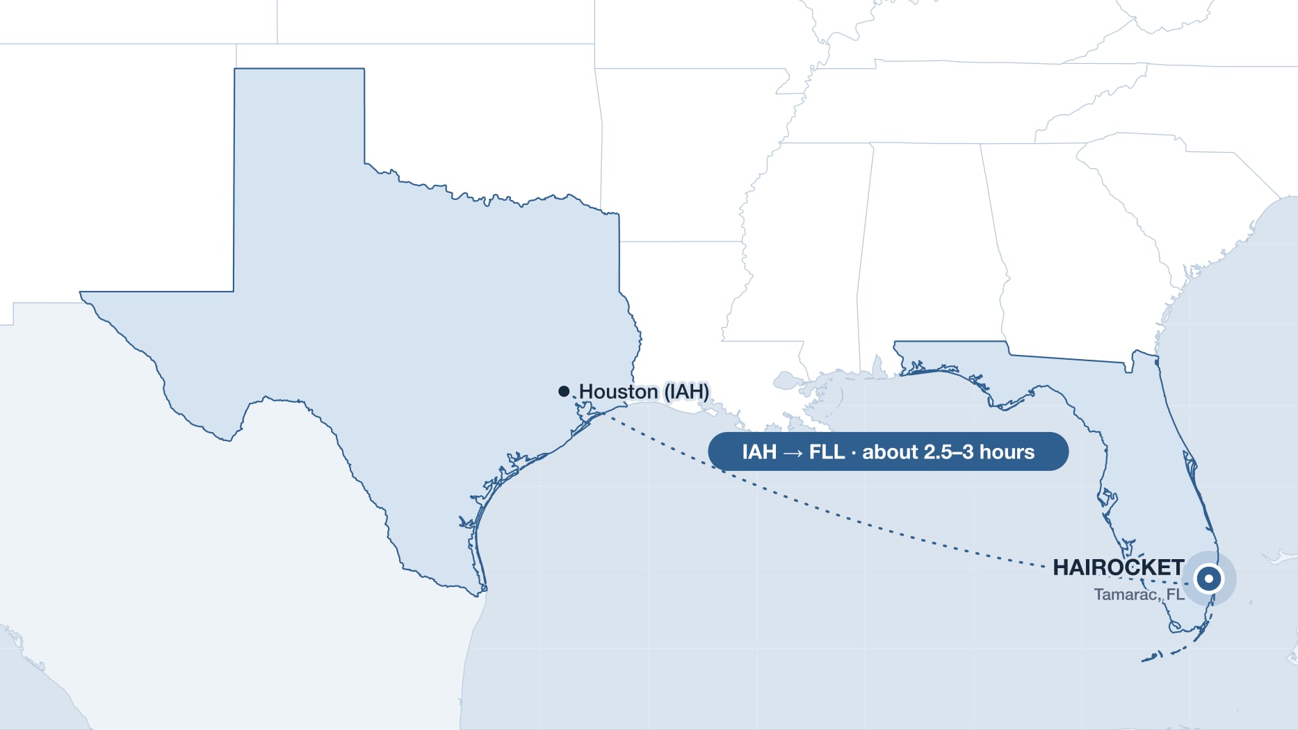 Flight route from Houston to Fort Lauderdale, near the HAIROCKET clinic in Tamarac