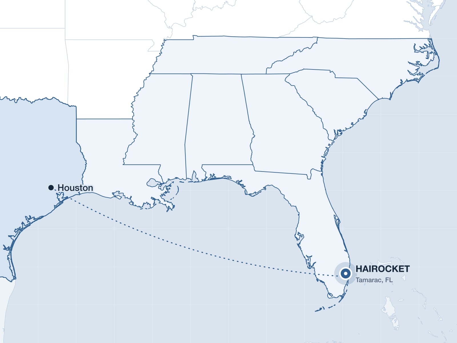 Map of the Southeast highlighting Texas and the HAIROCKET clinic in Tamarac, Florida