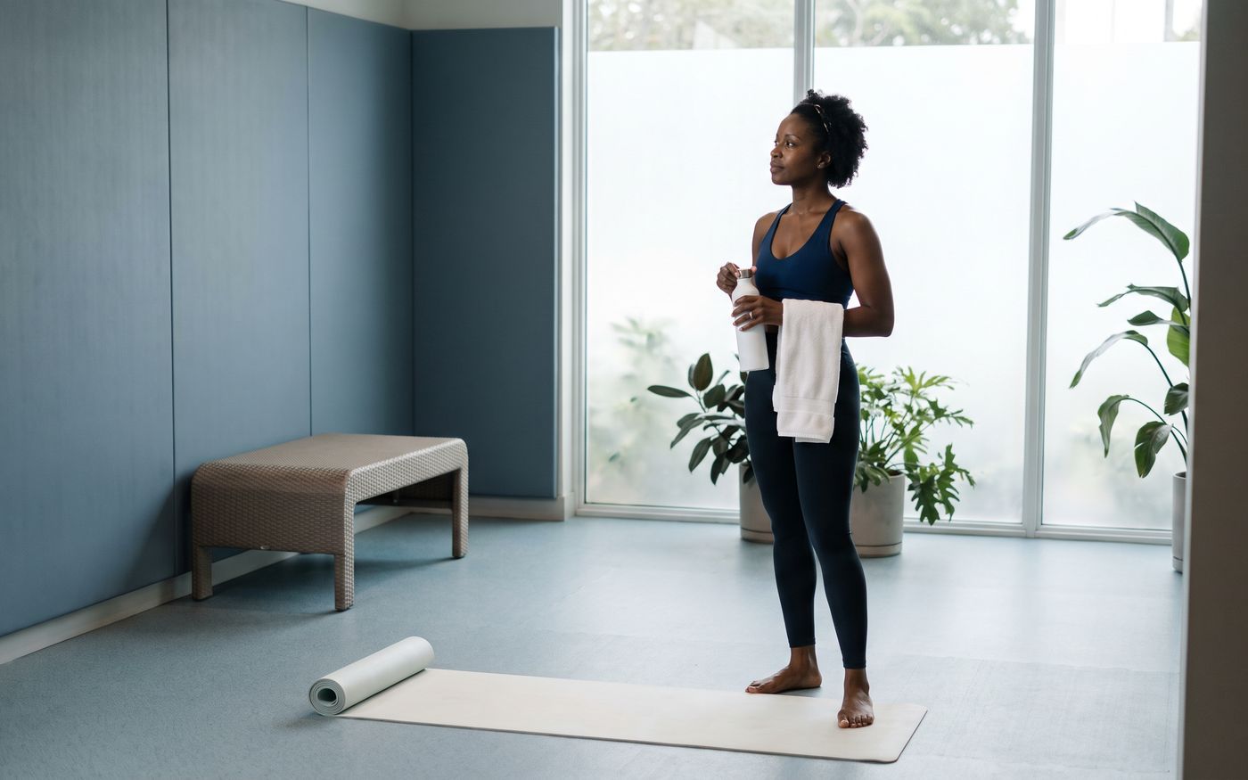 Woman with towel in quiet gym planning exercise after a hair transplant